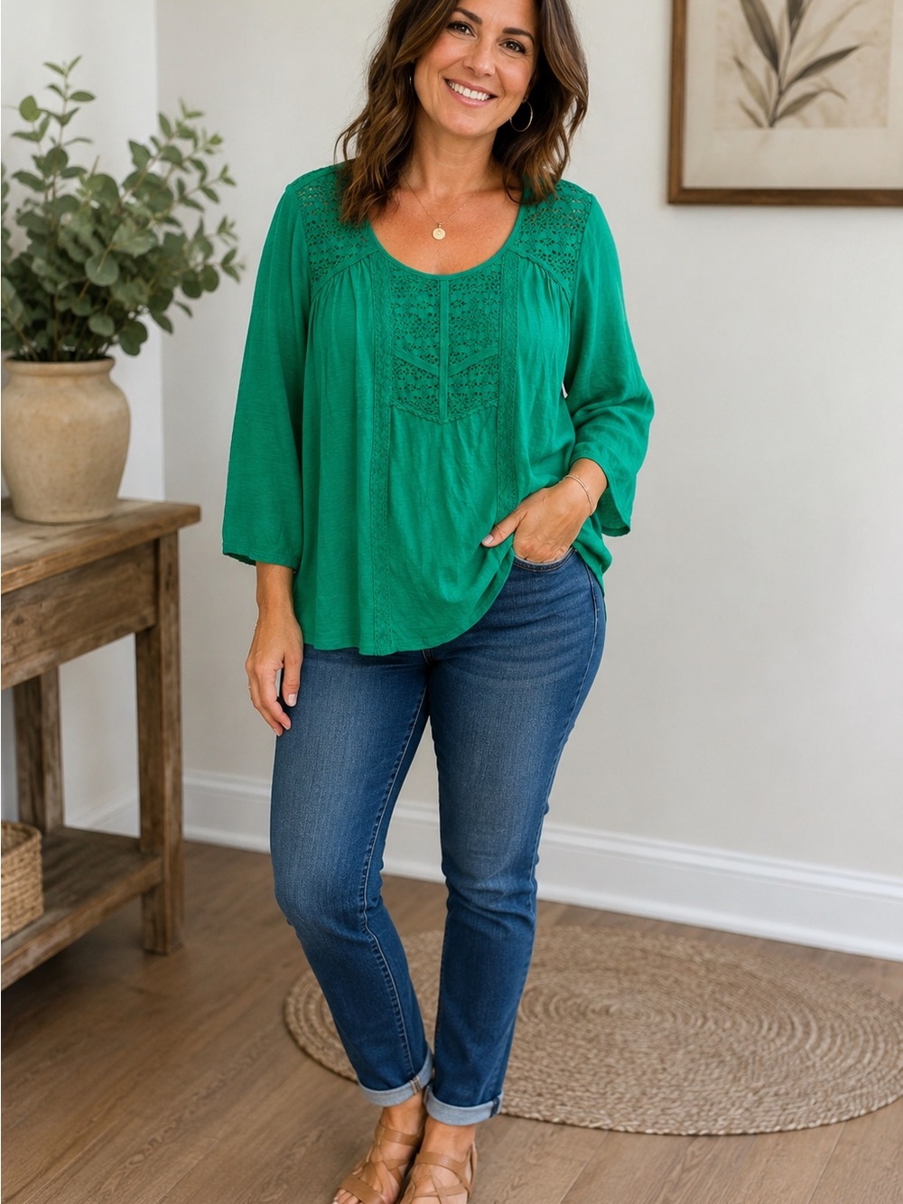 Cupio Emerald Crochet Yoke Peasant Blouse lace boho Cottagecore